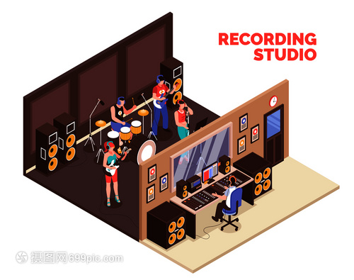 樂(lè)隊(duì)演奏樂(lè)器唱歌錄音室三維等距矢量插圖